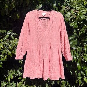 FELICITE pink semi sheer cotton textured long sleeve tiered mini dress